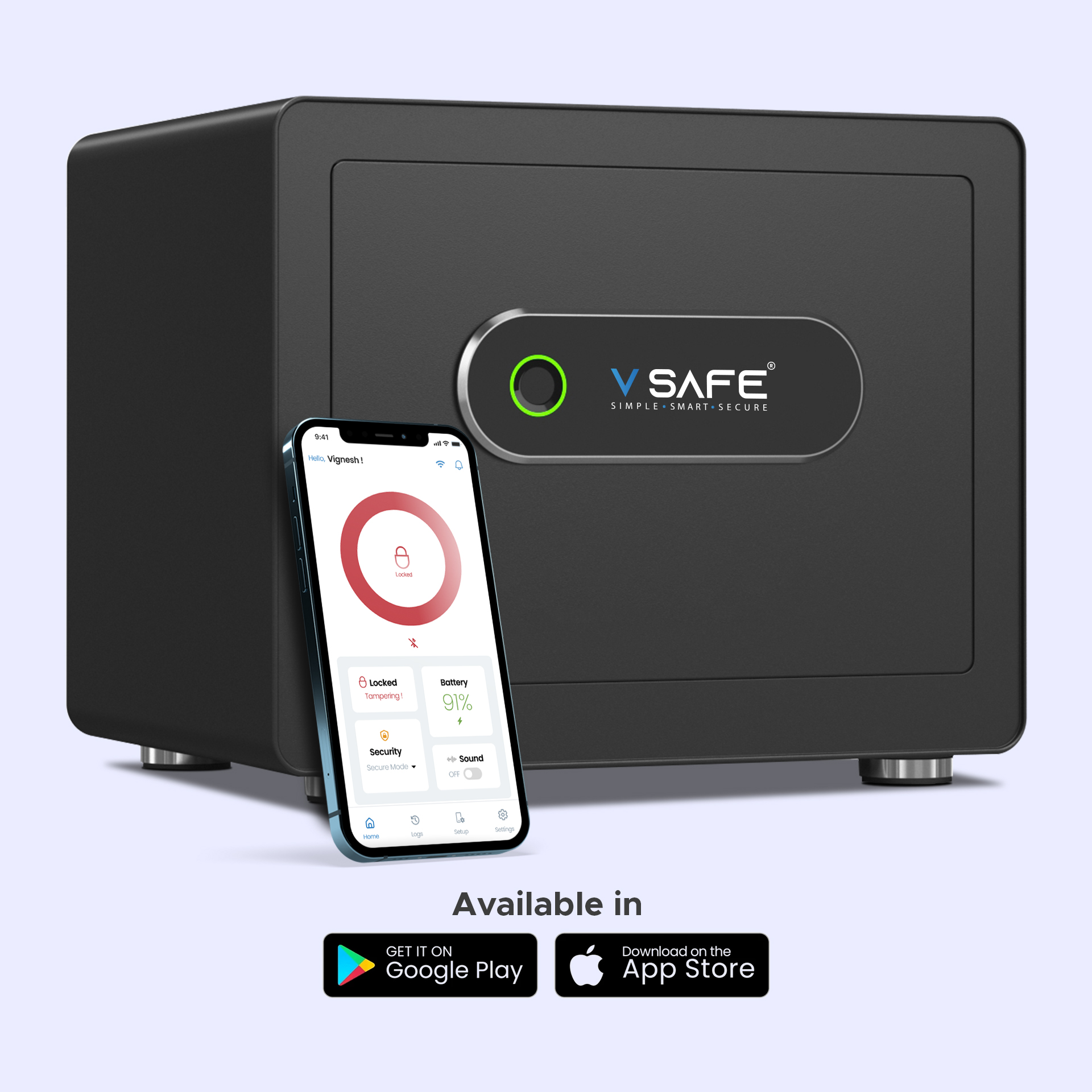 V SAFE Plus app showing access logs and battery health monitoring